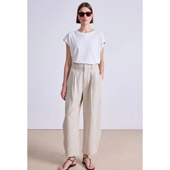 Apiece Apart Bari Crop Trousers Striped Flax 0 Linen Cotton Pants Cream XS - Picture 1 of 13